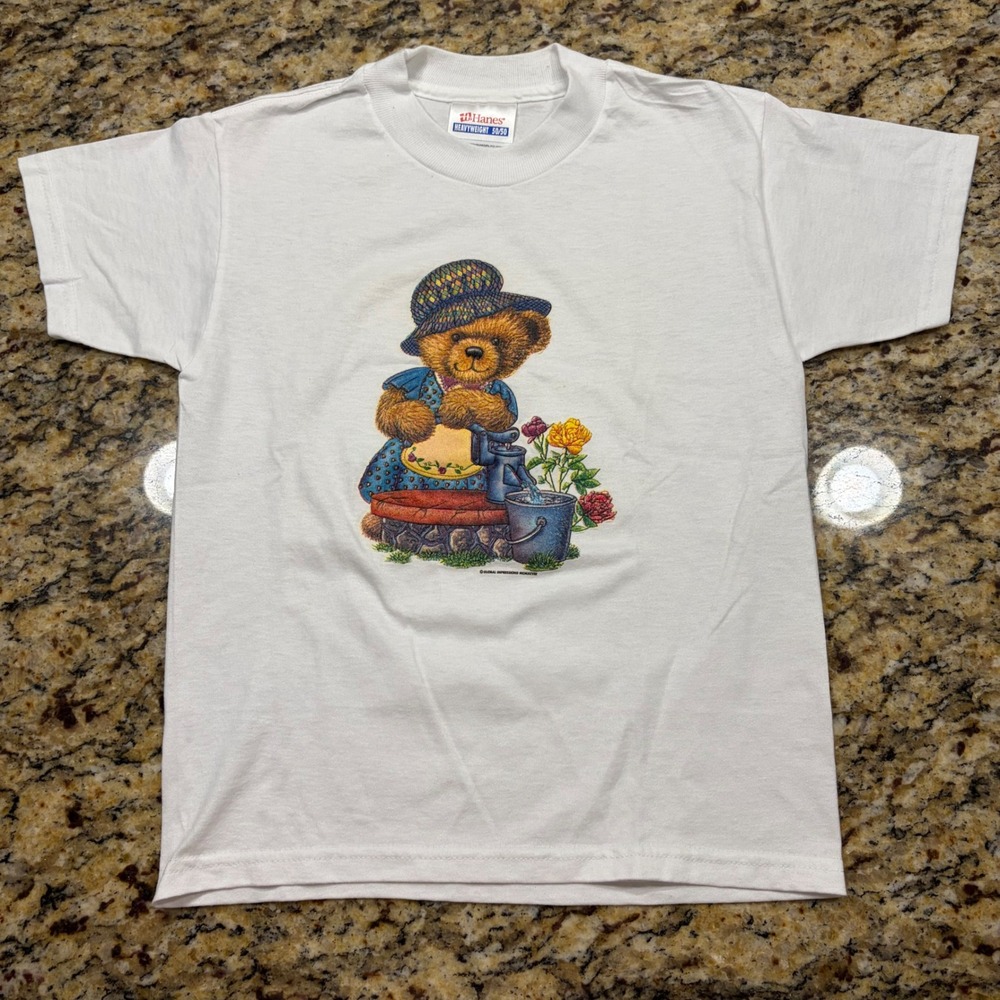 Vintage 1998 Hanes Heavyweight Teddy Bear Gardening T-Shirt Youth Small White v
